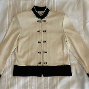 St. John Collection elegant knit jacket front zip cream/black trim